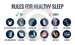 Infographics of healthy sleep tips. Useful advices for better sleep. Recommendation for night rest. Bedtime routine for photo