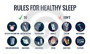 Infographics of healthy sleep tips. Useful advices for better sleep. Recommendation for night rest. Bedtime routine for