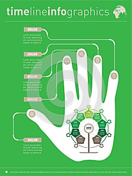Infographics with human hand silhouette on green background. Visual concept. Infographic of technology or education process with 9