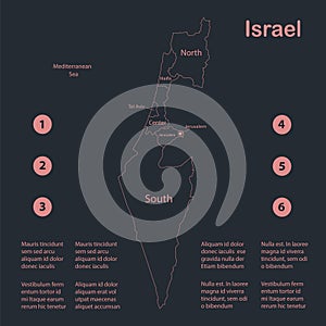 Infographics Israel map outline, flat design, color blue orange