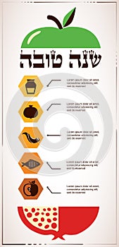 Infographics for Jewish New Year, hebrew happy new year, with traditional fruits