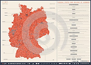 Infographics map of federal states of Germany with administrative division into lands and regions of the country