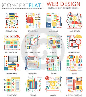 Infographics mini concept Web design icons and digital marketing for web. Premium quality color conceptual flat design