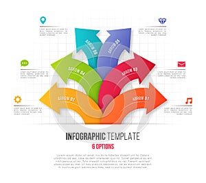 Infographics with 6 option branching circular arrows. Vector tem