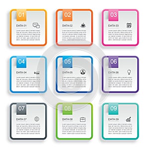 Infographics rectangle paper index with 9 data template. Vector illustration abstract background. Can be used for workflow layout