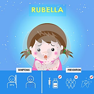 Infographics of Rubella. Kid girl pneumonia with cough and red skin, Health care cartoon character.