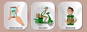 Infographics service delivery courier. Online shopping stages