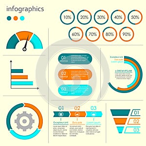 Infographics set with charts, graphs, step by step arrows, circle chart, cycle diagram with percentage, speedometer. Vector illust