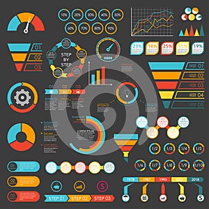Infographics set. Funnel, chart, graph, arrows, diagram, gauge, speedometer. Infographic with 3 and 5 steps or levels. Circle char