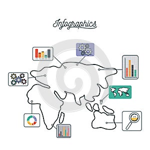 Infographics and statistics with map of europe africa asia and australia