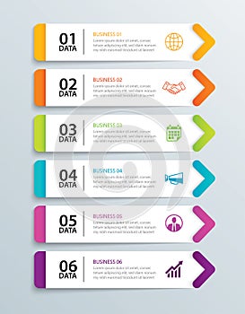 Infographics tab in horizontal paper arrow with 6 data template. Vector illustration abstract notebook background. Can be used for