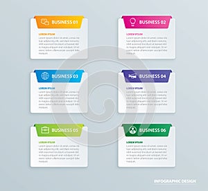 Infographics tab paper index with 6 data template. Vector illustration abstract background. Can be used for workflow layout, photo