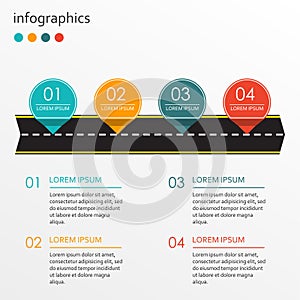 Infographics template with arrow from asphalt road and 4 steps, options or levels. Vector illustration