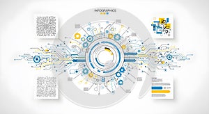 Infographics template with circuit board design and data visualization elements