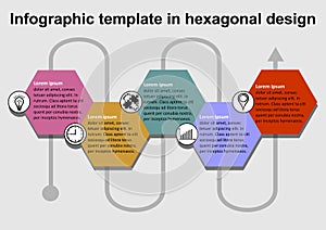 Infographics template with hexagonal colorful text folders and icons, interconnection of individual elements by a wavy