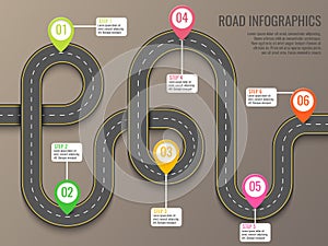Infographics template with road map using pointers. Top view vector elements. Road trip. Business and journey