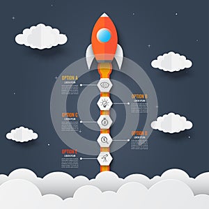 Infographics template of rocket through the clouds. icons and text. Successful startup business concept. Used for web design and