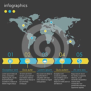 Infographics template with World map and 5 steps  option or levels. Business infographic concept with 5 arrows .