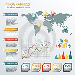 Infographics template with world map. Graphic information and infographic design elements. Vector illustration