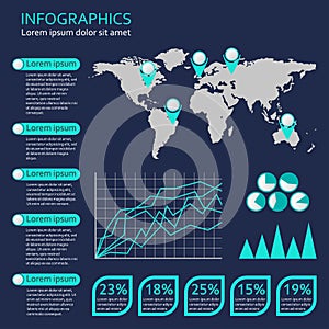 Infographics template with world map. Graphic information and infographic design elements. Vector illustration