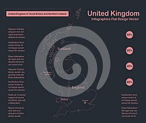 Infographics United Kingdom map outline, flat design, color blue orange