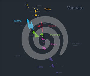 Infographics Vanuatu map, colors regions with names of individual islands, flat design, blue background