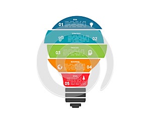 Infographics vector light bulb. Template for growth chart, graph, presentation, chart. Business startup lamp concept with 5