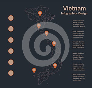 Infographics Vietnam map outline, flat design, color blue orange