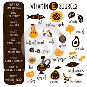 Infographics about vitamin E health benefits and illustration of its sources. Vector