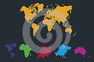 Infographics World continents map, America, Europe, Africa, Asia, Australia, orange pointer, dark background blank