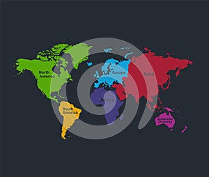 Infographics World map, flat design colors, with names of individual continents