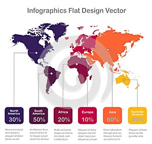 Infographics World maps of continents corolrs on white background red orange icons