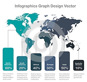 Infographics World maps of continents graph corolrs on white background blue