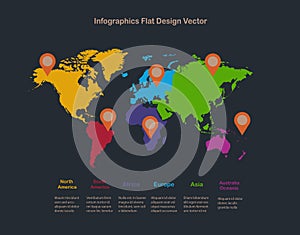 Infographics World maps, flat design, labels with names with individual continents, dark background