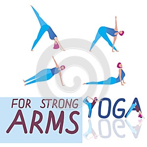 Infographics with yoga poses and girl as health, sport concept, flat vector stock illustration or infographics with yoga for arms