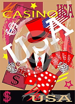 Casino background with skull, dices and cards. Red and pink color.