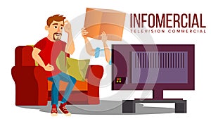 Infomercial, Shop On The Sofa, Man Sitting On The Sofa In Front Of Tv And Delivery Hands Vector. Isolated Illustration