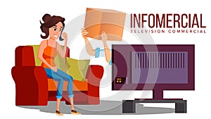 Infomercial, Shop On The Sofa, Woman Sitting On The Sofa In Front Of Tv And Delivery Hands Vector. Isolated Illustration photo