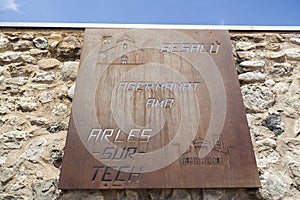 Informacion sign village Besalu twinned with Arles-sur-tech,France. Besalu,Catalonia,Spain.