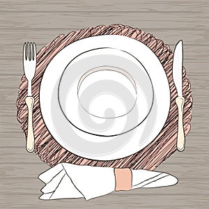 Informal vector table setting. Tableware and eating utensils are