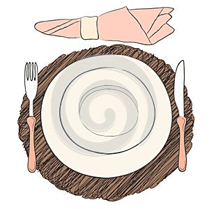 Informal vector table setting. Tableware and eating utensils