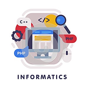 Informatics School Subject Icon, Education and Science Discipline with Related Elements Flat Style Vector Illustration