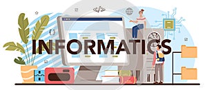 Informatics typographic header. IT education, student write software