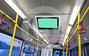 information board in the trolleybus cabin. selective focus. advertising in public transport.