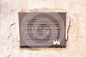 Information board on the wall of Michael Gate about the history of the Michael`s Gate in Bratislava, Slovakia