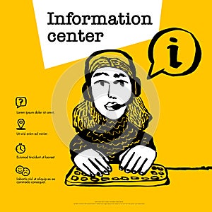 Information center concept. Call center, customer support, helpdesk or info service concept. Web banner with female