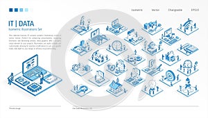 IT, Information, data technology business Isometric illustrations set. Busy people teamwork 3d scenes. Men, women work