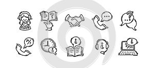 Information desk doodle icon set. Hand drawn sketch customer help info service vector illustration. Contact us, faq, call centre,