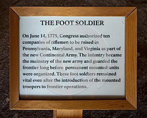 Information display for a foot soldier of the Continental Army at the Fort Davis National Historic Site in Fort Davis, Texas.