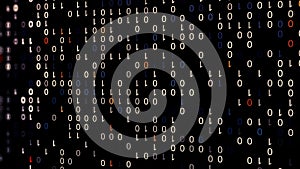 Information flow, waves of one and zero numbers on black background, seamless loop. Animation. Binary code with colorful